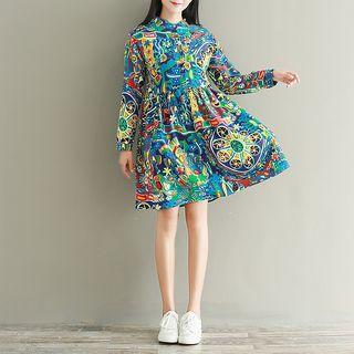 Long-sleeve Mock Collar Print A-line Dress
