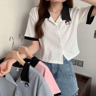 Contrast Collar Embroidered Cropped T-shirt