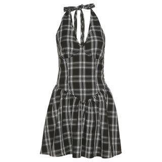 Halter-neck Plaid Mini A-line Dress