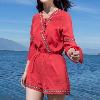 Embroidered Trim Bell-sleeve Playsuit