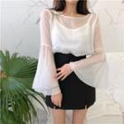 Set: Plain See-through Loose-fit Bell-sleeve Top + Camisole Top