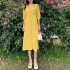 V-neck Elbow-sleeve A-line Dress Yellow - One Size