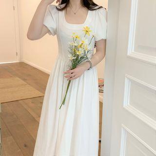 Puff-sleeve Scoop-neck A-line Midi Dress