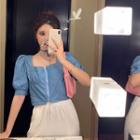 Puff-sleeve Slim-fit Denim Top