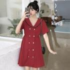 Striped Double-breasted Short-sleeve A-line Dress Red - One Size