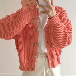 Long-sleeve Single-breasted Plain Knit Cardigan