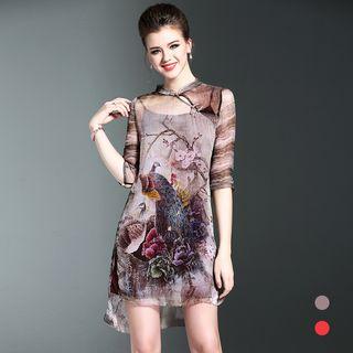 Set: Print Elbow Sleeve Qipao + Slipdress