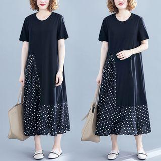 Dotted Panel Short-sleeve Midi T-shirt Dress Black - One Size