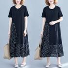 Dotted Panel Short-sleeve Midi T-shirt Dress Black - One Size