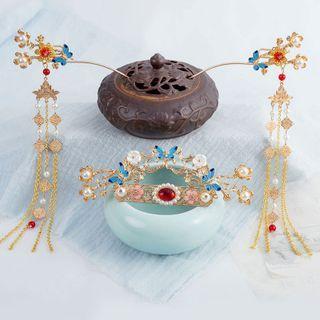 Set: Butterfly Flower Hair Stick + Fringe Hair Stick Set Of 2 - Gold - One Size