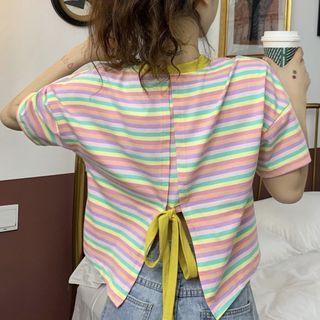 Striped Open-back Short-sleeve T-shirt