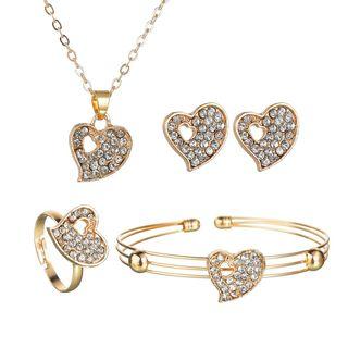 Set Of 4: Rhinestone Heart Ring + Necklace+ Open Bangle + Earring As Shown In Figure - One Size