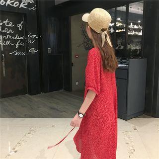 Dotted Elbow-sleeve Midi A-line Dress