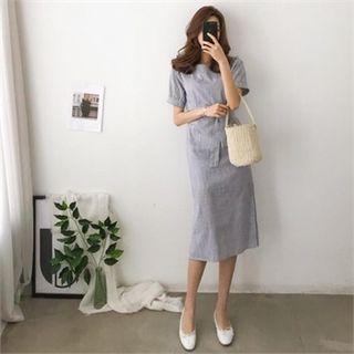 Puff-sleeve Tie-waist Stripe Midi Dress