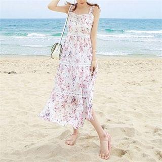 Sleeveless Lace-up Front Floral Long Dress