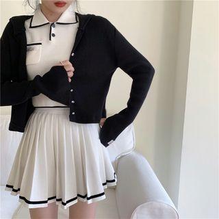 Plain Cardigan / Short-sleeve Knit Polo Shirt / Mini A-line Pleated Skirt