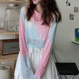 Set: Tie-dye Print Long-sleeve Mesh Top + Camisole Top Camisole Top - White - One Size / Mesh Top - Pink & Blue - One Size