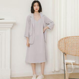 Set: Plain Blazer + Spaghetti-strap Midi A-line Dress