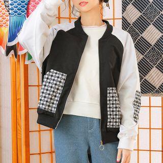 Color-block Sleeve Printed Back Baseball Jacket