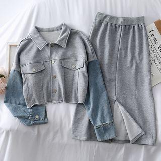 Set: Patchwork Crop Jacket + Slited A-line Skirt