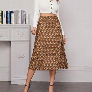 Paisley Print Slit Midi A-line Skirt