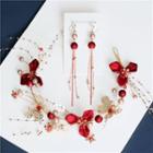 Set: Wedding Branches Faux Pearl Headpiece + Fringed Earring Hair Band & Clip On Earring - Red - One Size