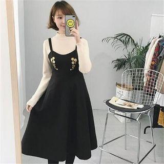 Flower Embroidered Midi Pinafore Dress