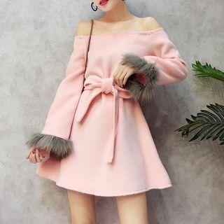 Furry Trim Long-sleeve Off Shoulder A-line Dress