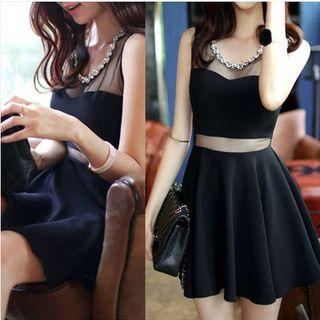 Embellished Mesh Panel Sleeveless A-line Dress