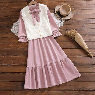 Bow-neck Midi A-line Dress / Button-up Vest / Set