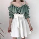Ruffle Cold Shoulder Blouse / Bow Accent A-line Skirt