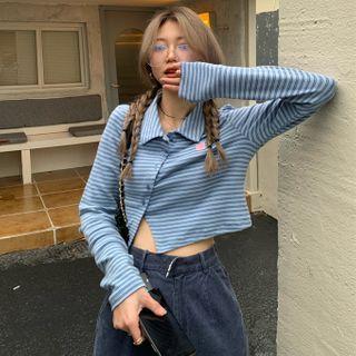 Long-sleeve Striped Collared Crop Top