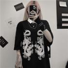 Elbow-sleeve Dragon Print T-shirt Black - One Size