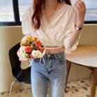 Elbow-sleeve Lace Trim Cropped Blouse