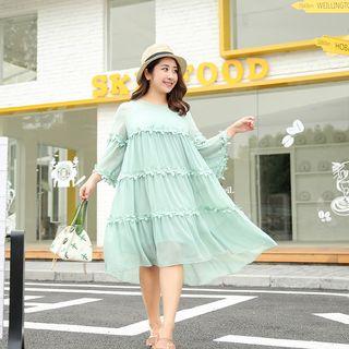 Set: Ruffle Trim 3/4-sleeve A-line Dress + Slipdress
