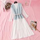 Set: V-neck Ribbed Knit Vest + Balloon-sleeve Ribbed Midi Chiffon Dress