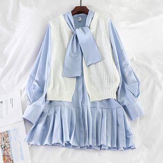 Set: Tie Neck Long-sleeve Dress + Knit Vest As Shown In Figure - One Size