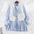 Set: Tie Neck Long-sleeve Dress + Knit Vest As Shown In Figure - One Size