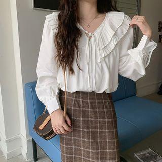 Tie-neck Layered Collared Plain Blouse Shirt - One Size