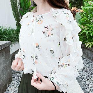 Frill Trim Floral Chiffon Blouse