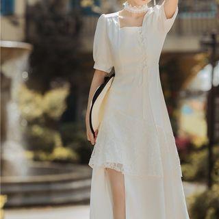 Short-sleeve Square Neck Lace Panel Midi A-line Dress