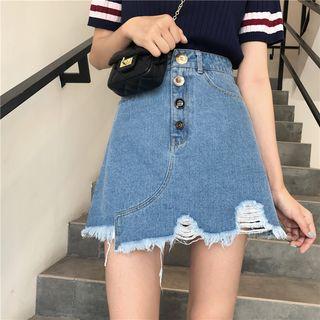 Striped Short Sleeve Knit Polo Shirt / Distressed Denim Skirt