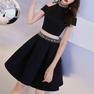 Mock Two-piece Short-sleeve Rhinestone Mini Prom Dress
