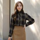 Stand-collar Frilled Plaid Blouse