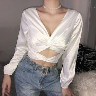 Long-sleeve V-neck Satin Cutout Blouse