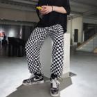 Drawstring-cuff Checkerboard Wide-leg Pants