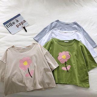 Flower Print Crewneck Loose-fit Elbow-sleeve Top