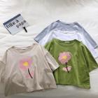 Flower Print Crewneck Loose-fit Elbow-sleeve Top