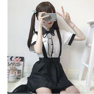 Short-sleeve Color Block Shirt / A-line Mini Suspender Skirt / Shorts