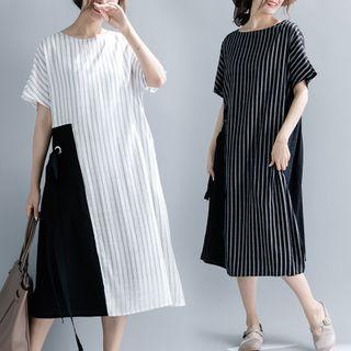 Short-sleeve Striped Panel Midi A-line Dress